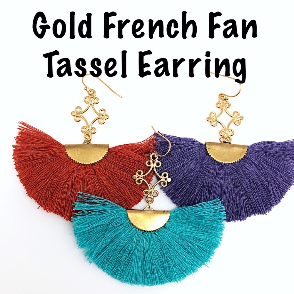 Gold French Scroll Fan Tassel Dangle Earring NWT